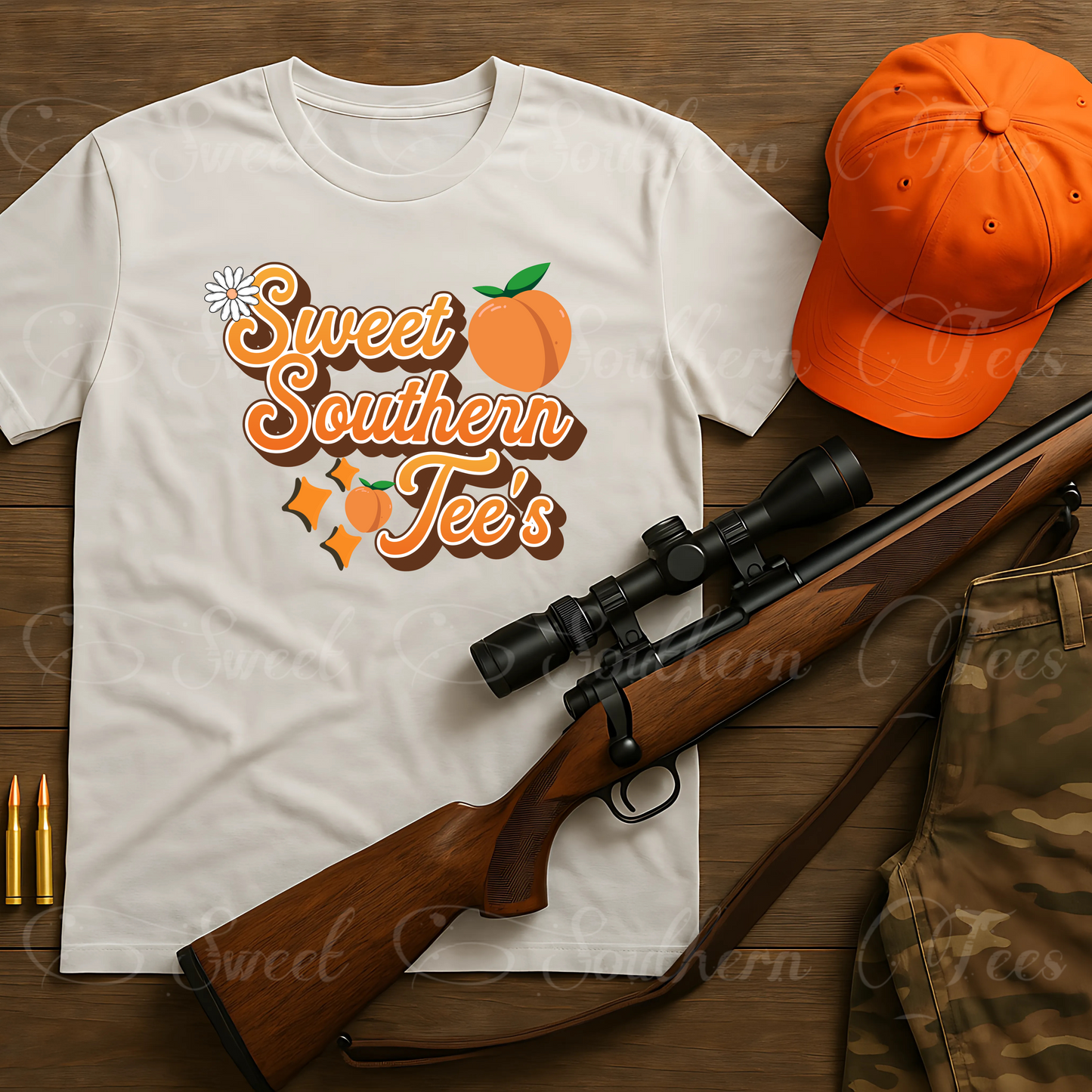 Mens-Hunting Flat Lay-White Tshirt-Mockup