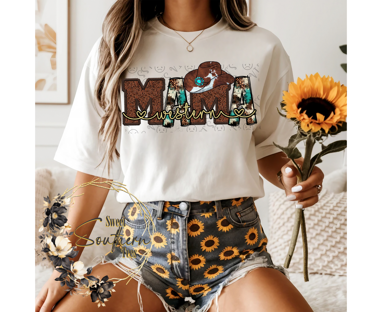 Western Mama- Turqouise Brown Leather Cow print