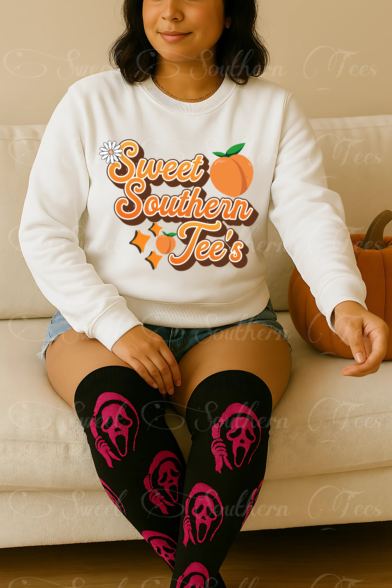 Woman-Horror Fall-White Sweater-Mockup