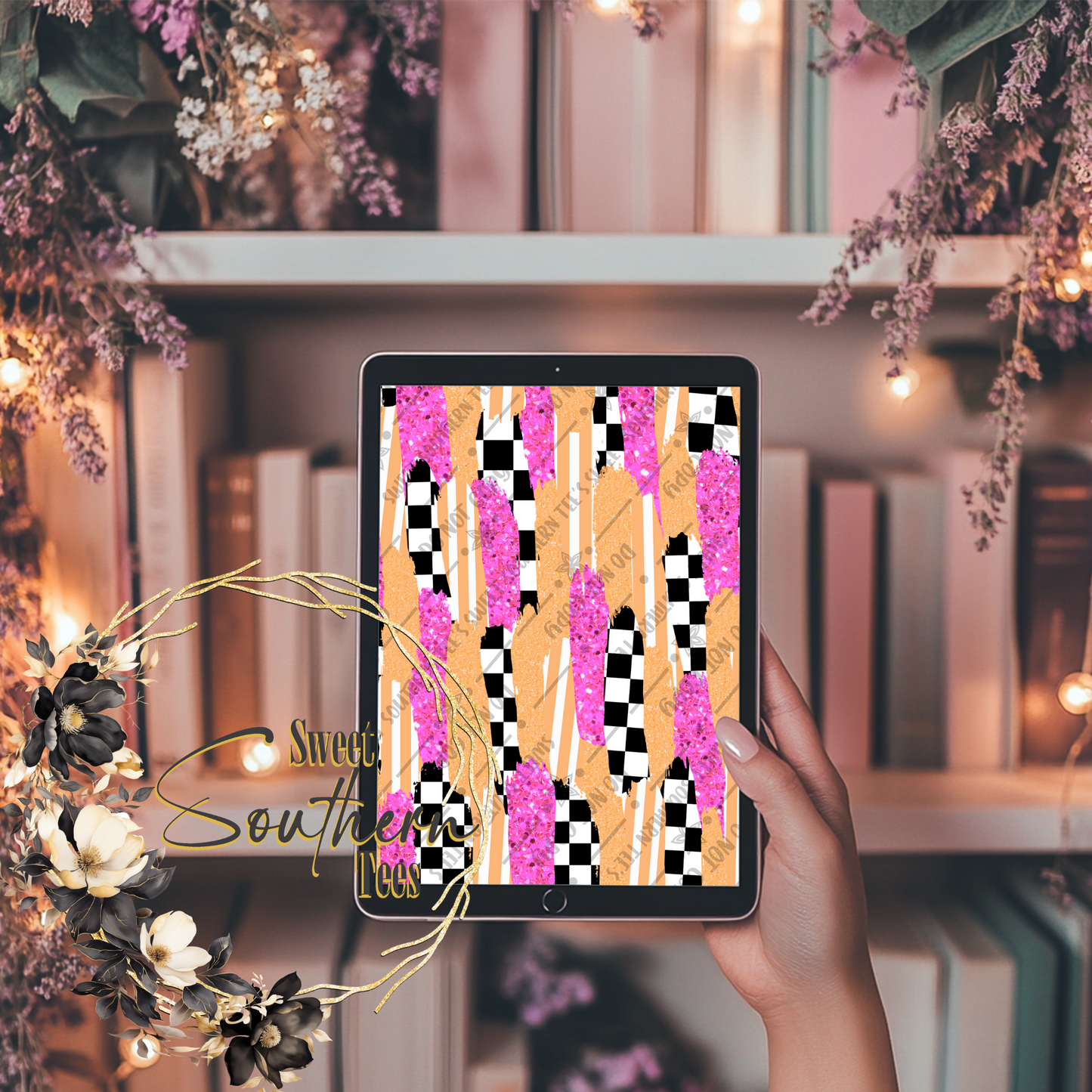 Preppy Pink and Orange Checkered Striped Brush Digital Paper