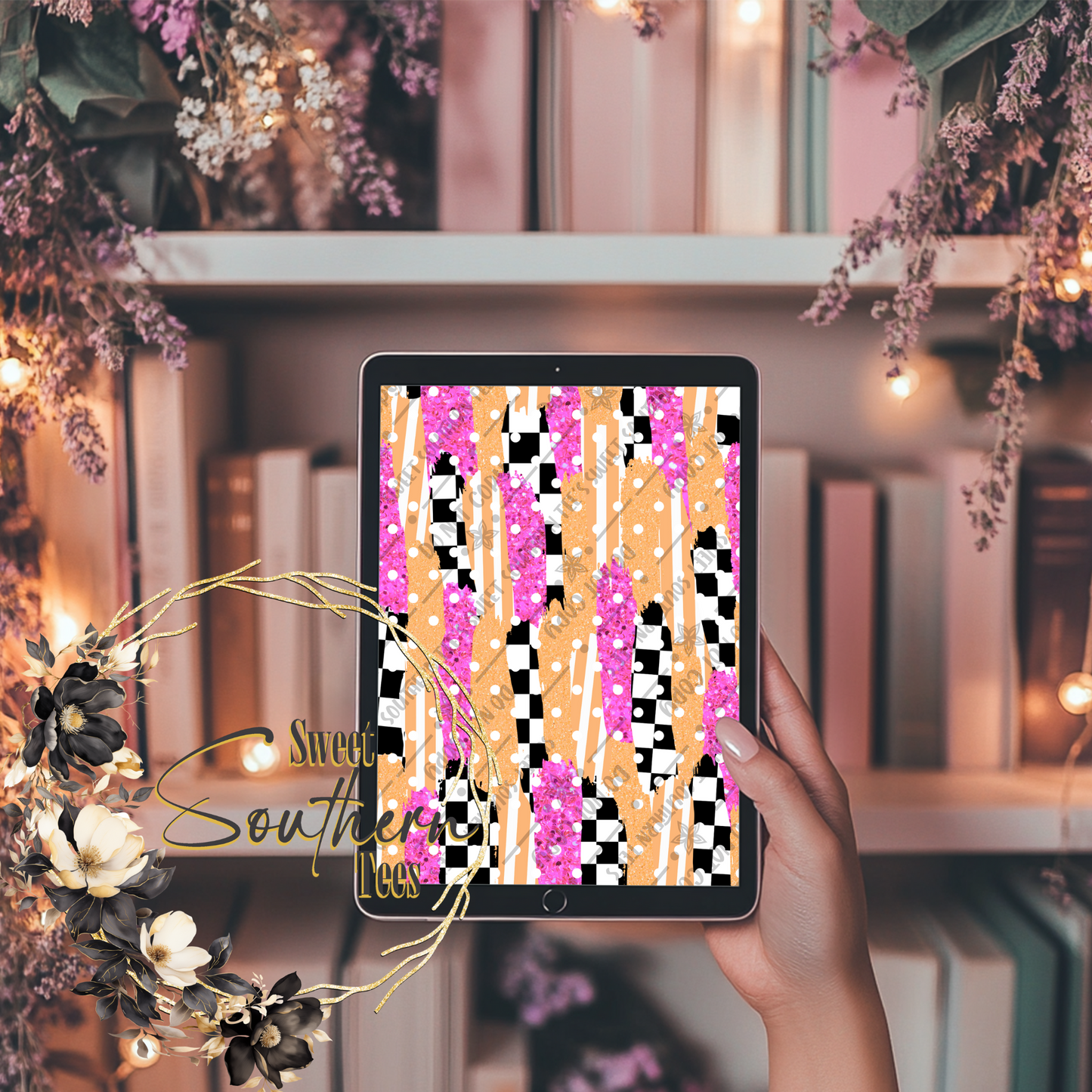 Preppy Orange & Pink polka-dotted Checkers Brush Digital Paper