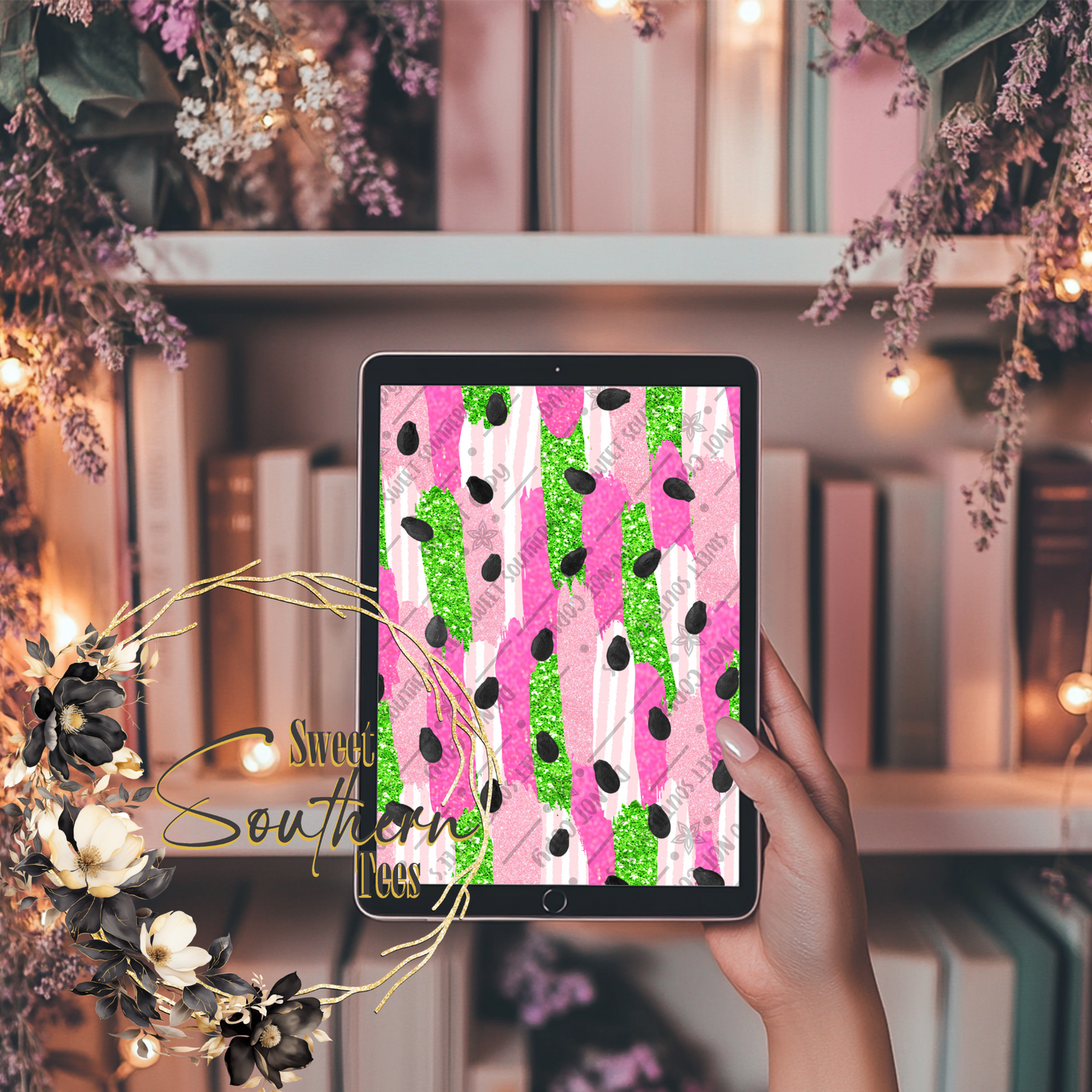 Preppy Watermelon Striped Glitter Brush Digital Paper