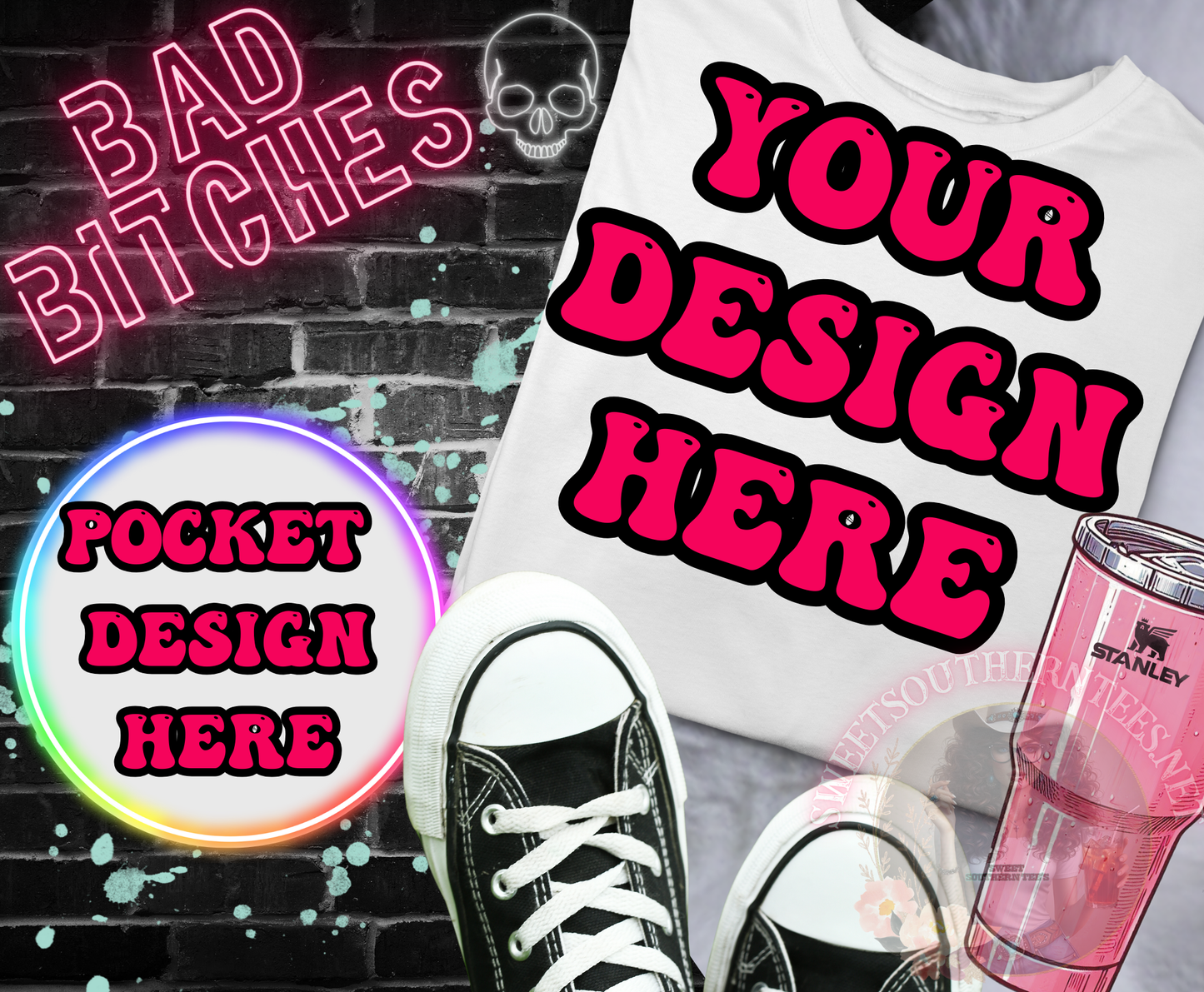 Bad Bitches Black and Pink Neon with Skull Mockup