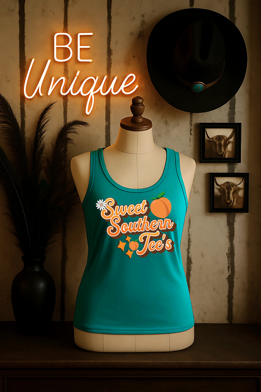 Be Unique-Western Boho Alternative- Teal Tank Top Mockup (June Mockup Drive 2025)