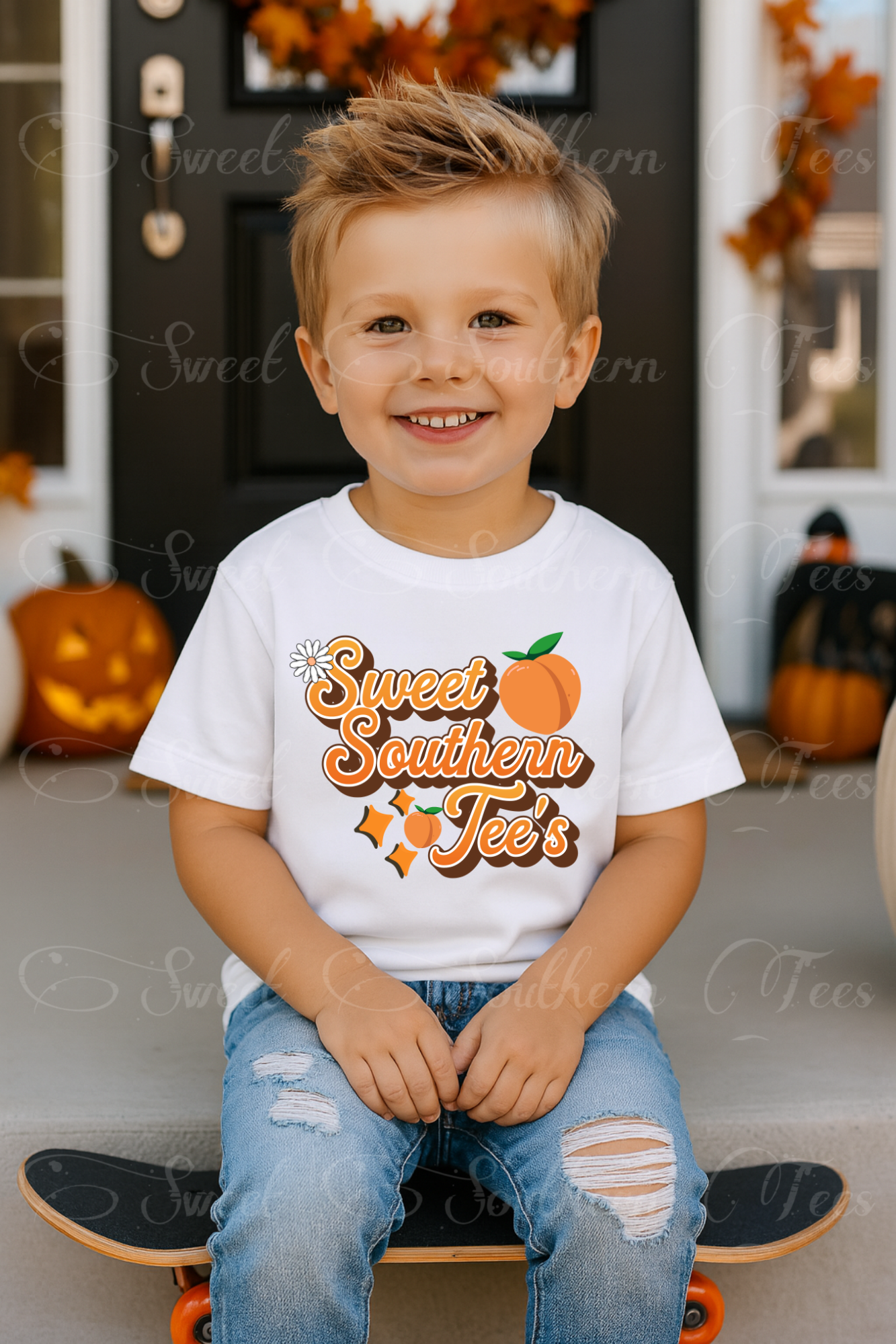 Boy-Fall Porch-White Tshirt-Mockup