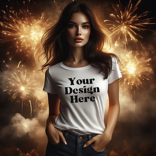 New Years-Woman-White Tee-Fireworks