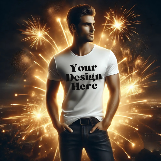 New Years-Male-White Tee shirt-Fireworks-Dark