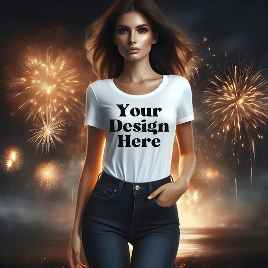 New Years-Mockup-Woman-White Tee-Fireworks-Lake