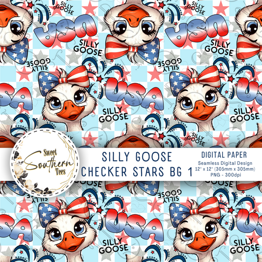 Silly Goose- Blue Checkered BG-Red & Silver stars- Patriotic- FOJ- Seamless- (May Drive 2025)
