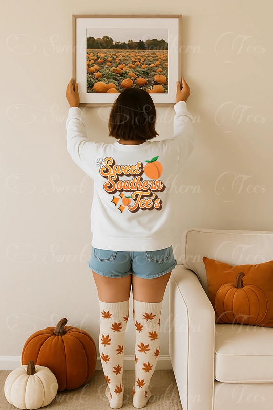 Woman-Fall Pumpkin Patch-Back-White Longsleeve Shirt-Mockup