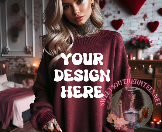 Woman-Maroon-OversizedSweater-BedroomBG