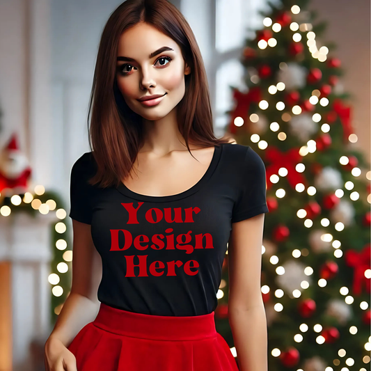 Xmas-BlackBabyTee-Mockup-Woman Red Skirt