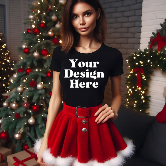 Xmas-BlackTshirt-BabyT-Woman-RedSantaSkirt-Mockup