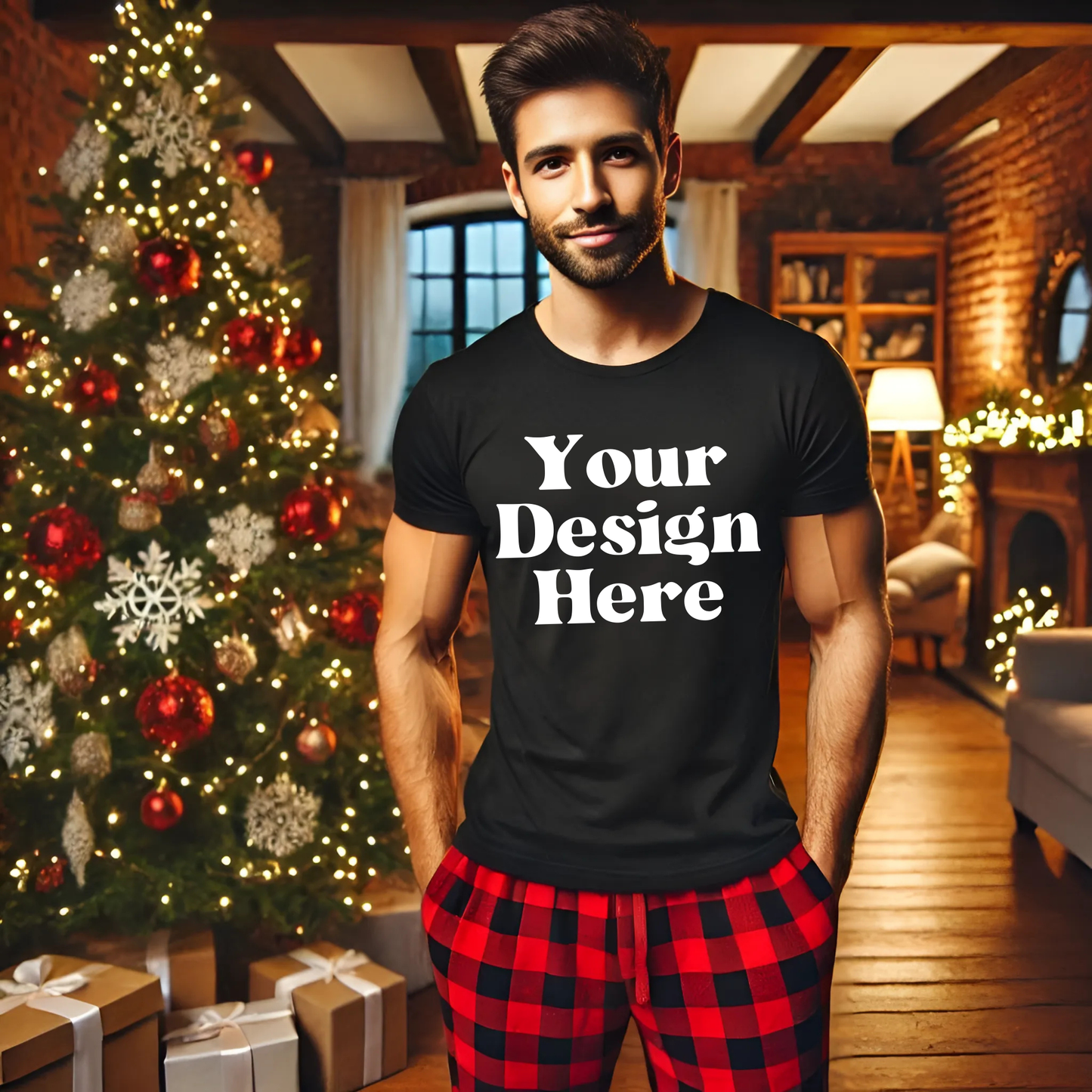 Xmas-BlackTshirt-PlaidPJs-XmasTree-Man