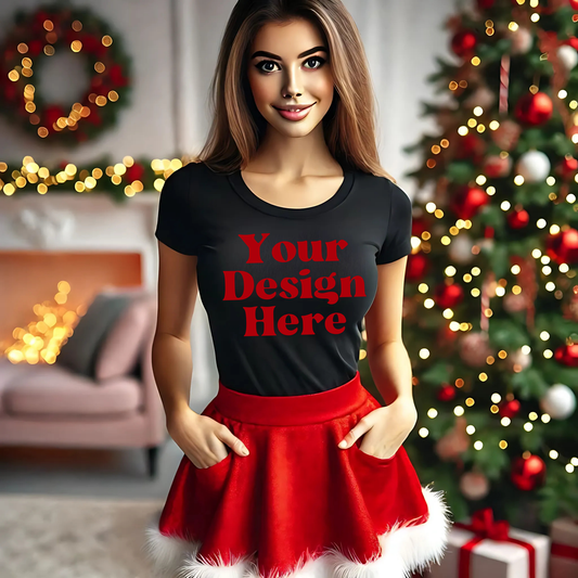 Xmas-BlackTshirt-Woman-ChristmasTree-MOckup