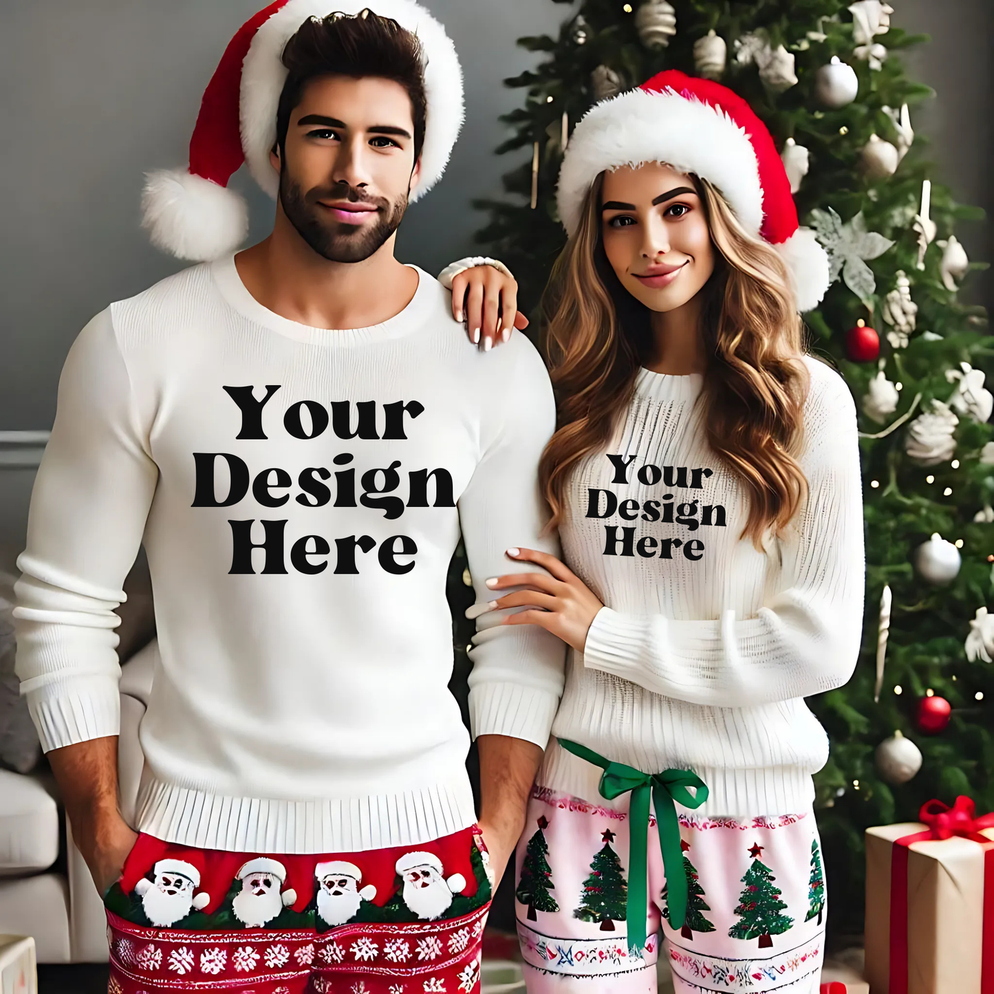 Xmas-Couple-WhiteLongSleeved-BothInJammies-TreeInBack