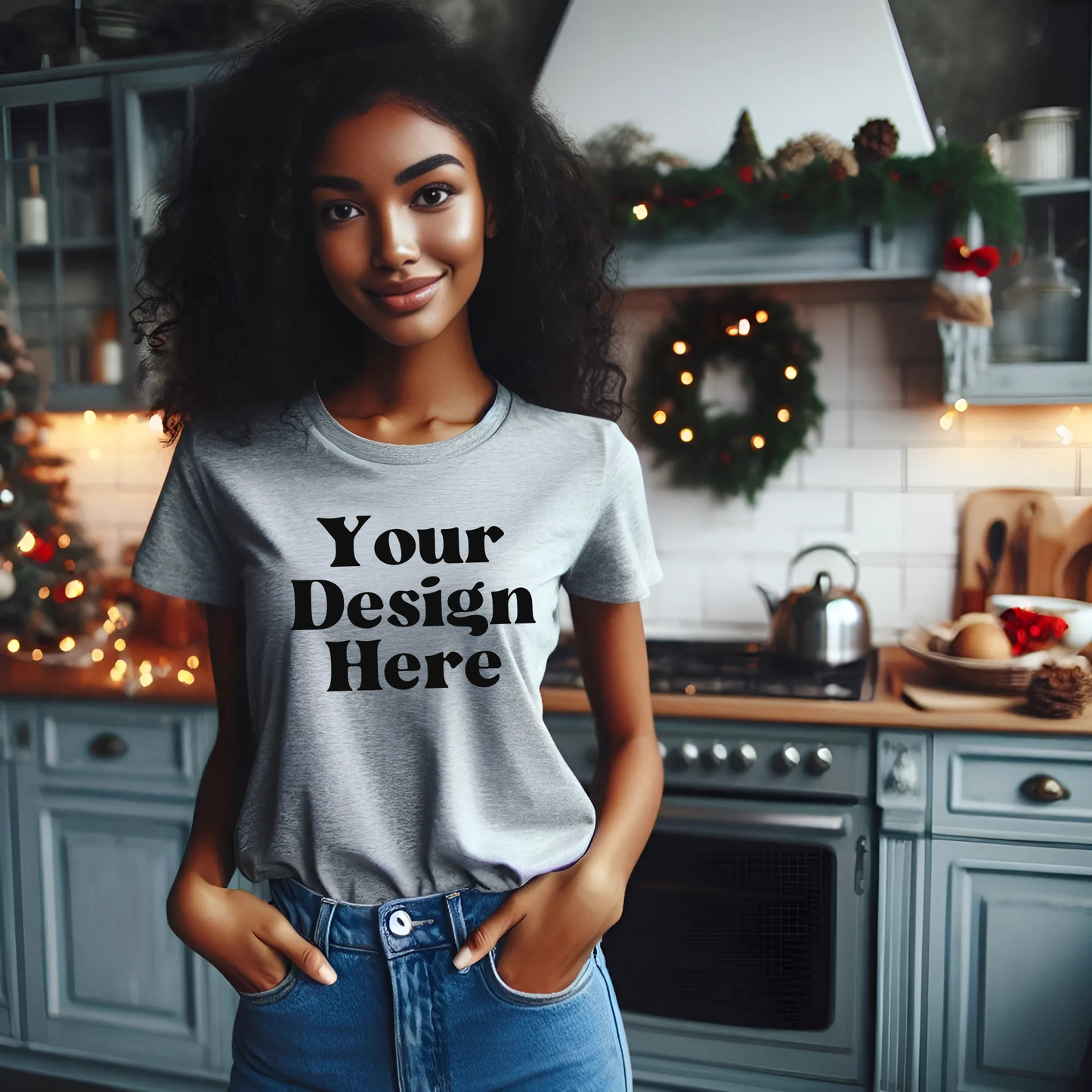 Xmas-GreyTshirt-BlackWoman-Kitchen-Mockuo