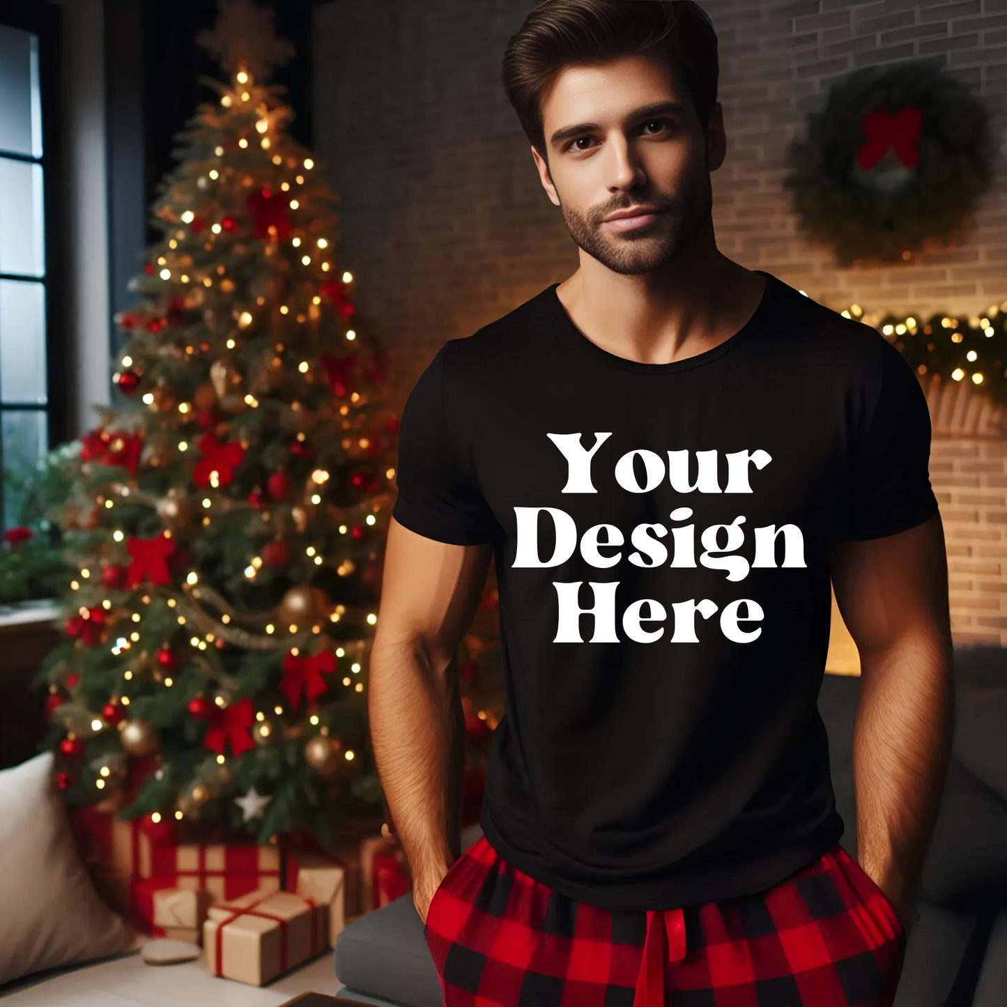 Xmas-Mens-BuffalloPlaidPJS-BlackShortsleeveTshirt-ChristmasTree