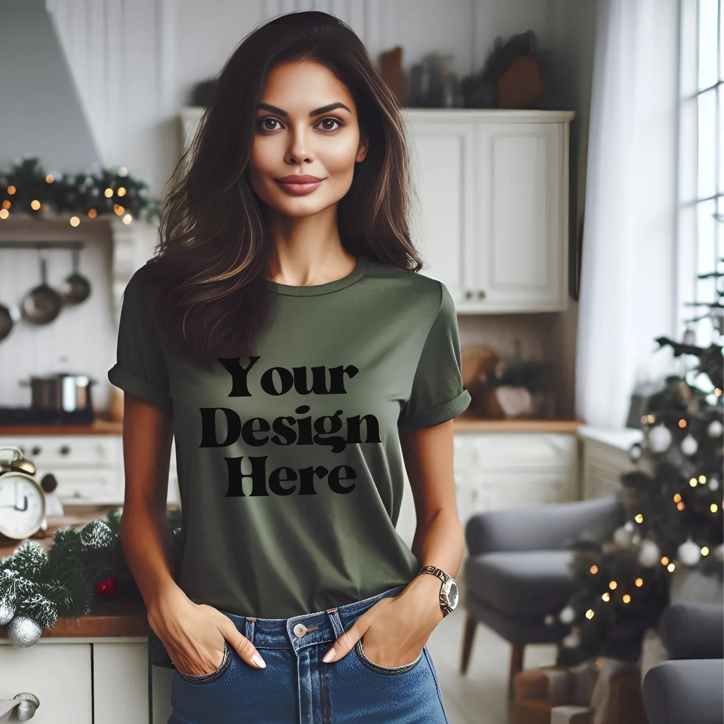 Xmas-MilitaryGreen-Tshirt-Kitchen-Woman-Mockup