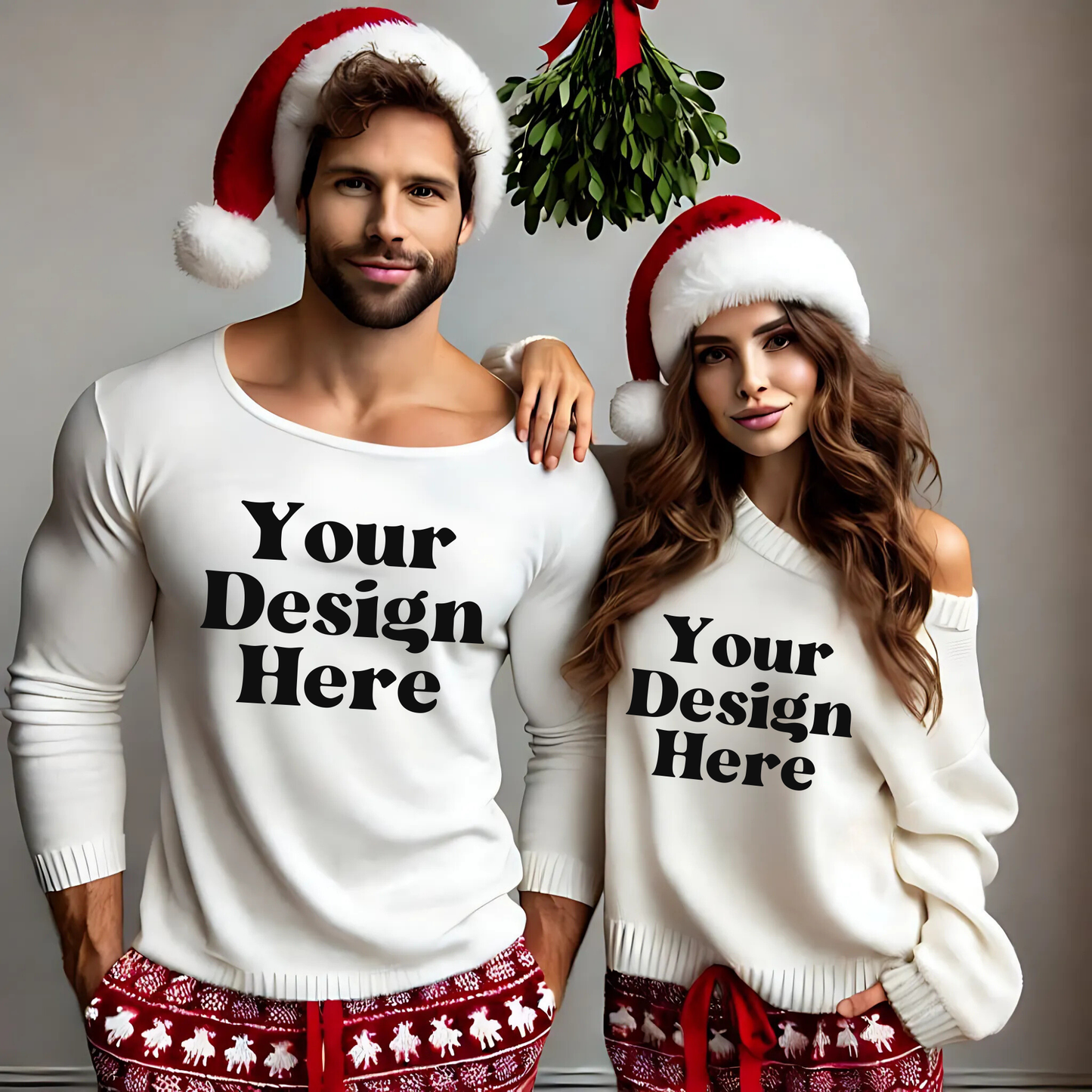 Xmas-WhiteLongSleeve-Couple-Mistletoe-Pjs