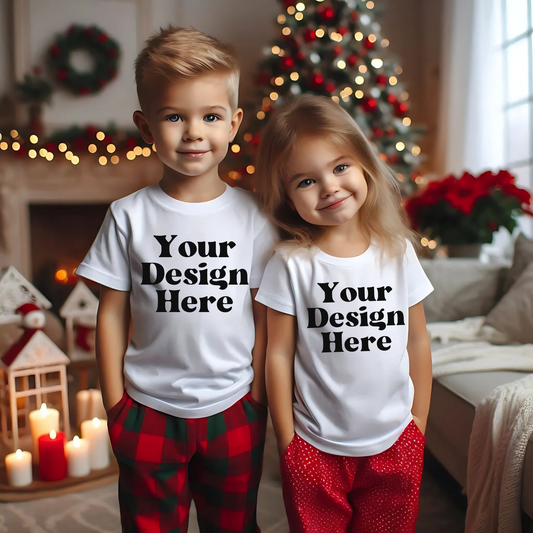 Xmas-WhiteTshirt-Boy&Girls-Brother&Sister-Pjs-Tree