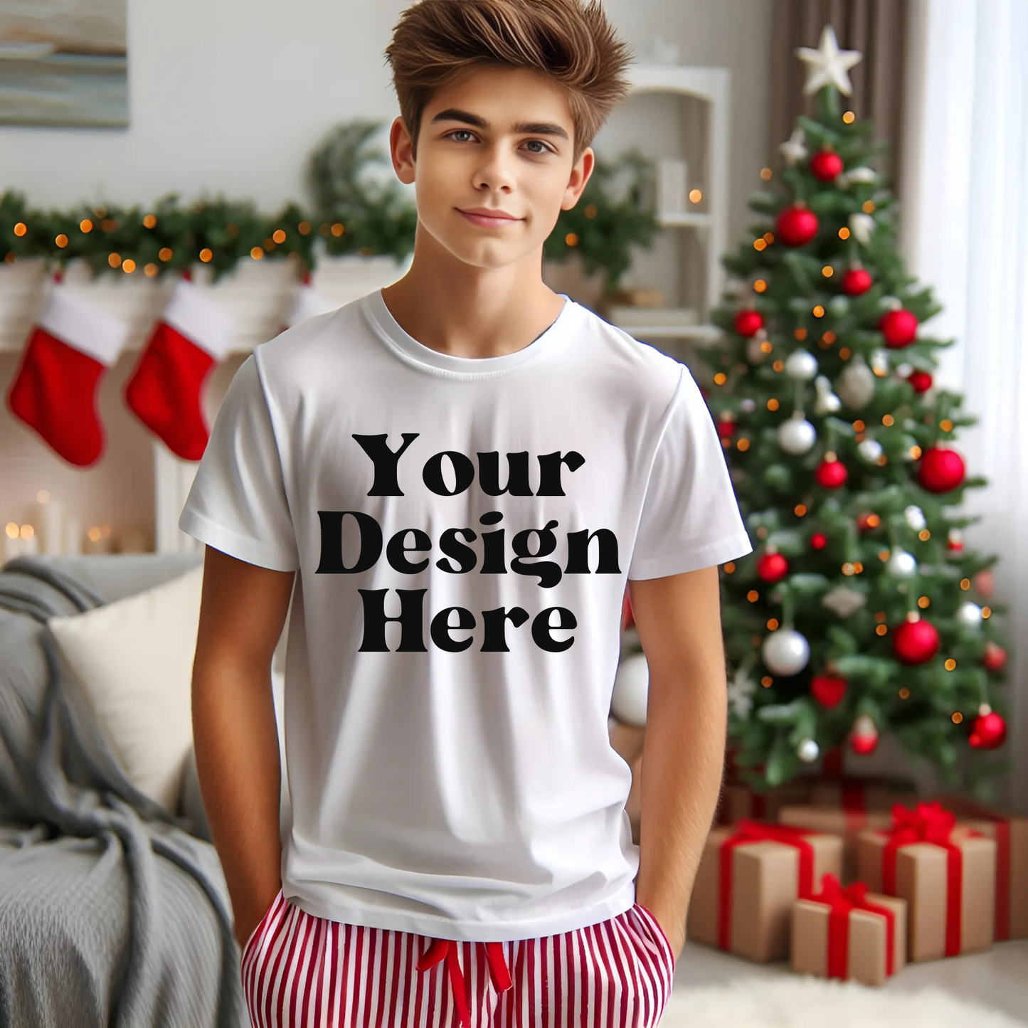 Xmas-WhiteTshirt-StripedPJs-TeenBoy