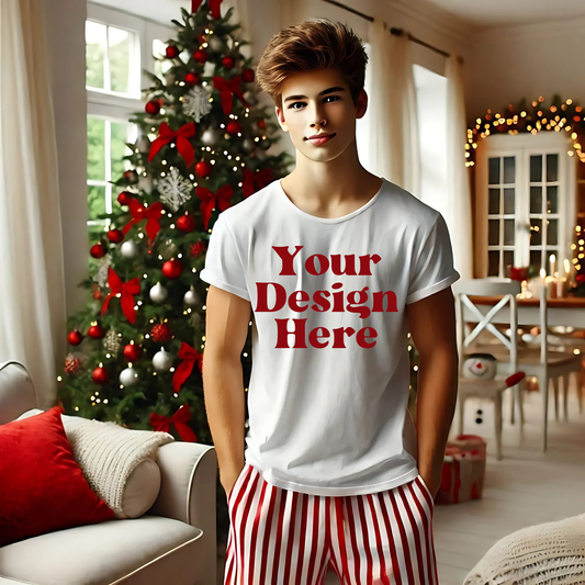 Xmas-WhiteTshirt-TeenBoy-StripedRedPJS-Tree