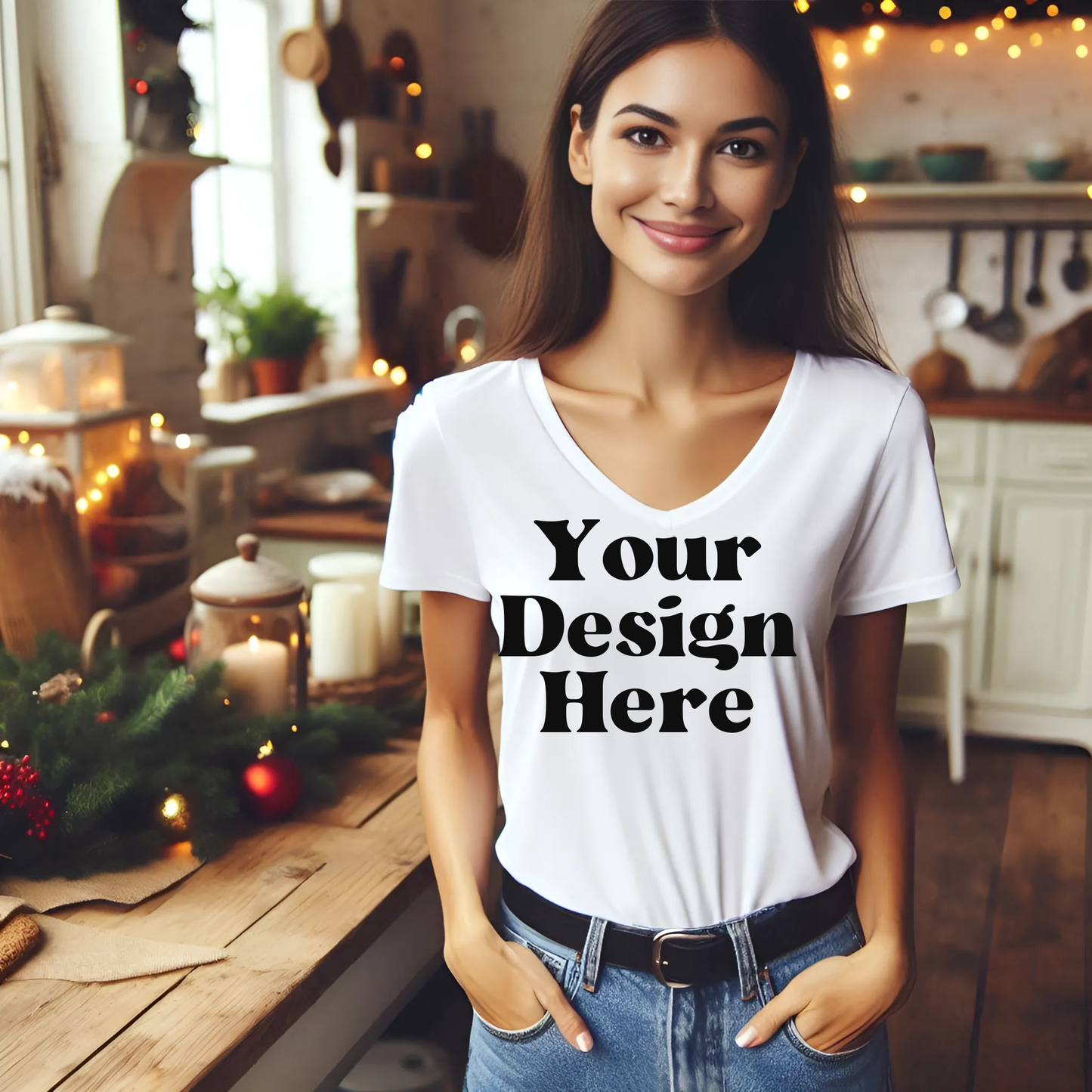 Xmas-Woman-VNeck-WhiteTshirt-Kitchen-MOM